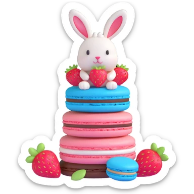 3D ios style macaron with strawberry and a bunny on top, blue color sticker