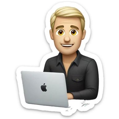 A Russian man is sitting at a table in a macbook with a stack of money. The ebay website is open on the macbook sticker