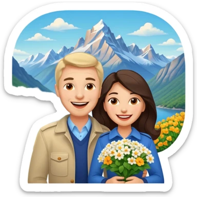 Couple  laughing traveling russian man and elegant  Latina girl delicate flowers and mountains in the background  sticker