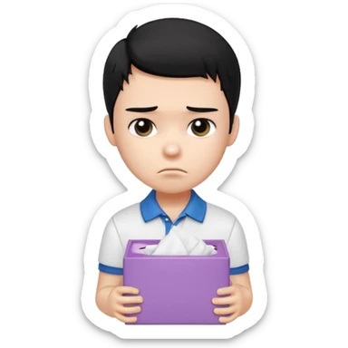 generate a pretty bratz boy with black hair, wearing a white polo shirt. Looking sad, holding a box of tissues sticker