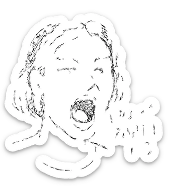 A hand-drawn outlined character with hazel-green almond eyes, wide eyebrows, brunette with white front strands, plump lips, chin dimple, square face, high cheekbones, small nose, shouting 'атрофированный мозг' sticker