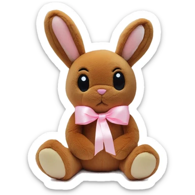 Pastel brown stuffed bunny plushie with pastel pink ribbon on one of the bunnies ears sticker