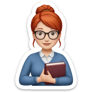 plump female teacher with red hair in a bun, glasses, freckles, holding a book sticker