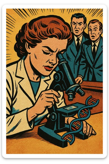 A 1950s female scientist making a DNA discovery using a microscope with other male scientists watching sticker