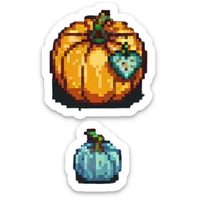 heart with a small mushroom on the left and a pumpkin on the right, vibrant colors, pixel art style sticker