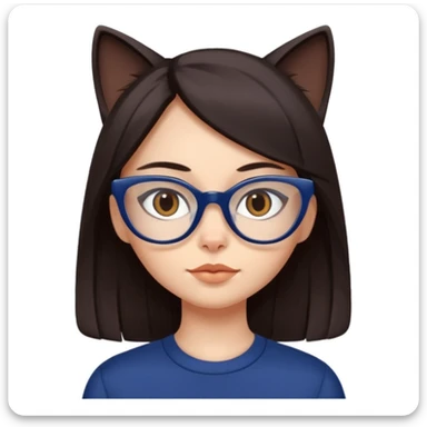Female. Straight long hair and dark brown eyes and hair with cat eye glasses and dark blue out fit sticker