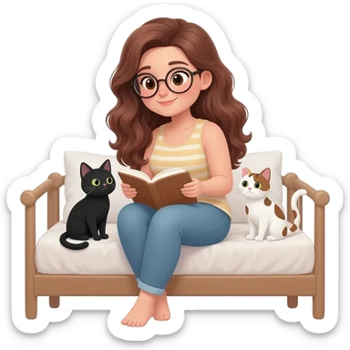 detailed emoji illustration of a curvy woman with long chestnut brown wavy hair, light brown eyes and round glasses sitting on a bed and reading a book, with two cats beside her: one black cat and one white cat with brown spots, cozy bedroom atmosphere, cute emoji style sticker