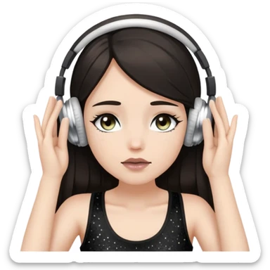 Girl with long dark hair, fair skin tone, wearing a black tank top, has glitter on her eyelids, and taupe lipstick, wearing white headphones, her hands are on her ears, and her hazel eyes are halfway  close sticker