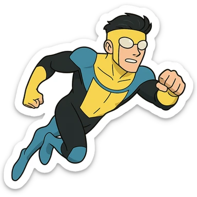 invincible superhero in blue and black suit with yellow accents flying pose cartoon style sticker