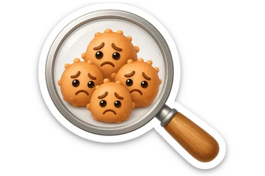 EMOJI STILE IPHONE DI una lente di ingrandimento che inquadra un cumulo di batteri intestinali tristi, IPERREALISTICO 4K sticker