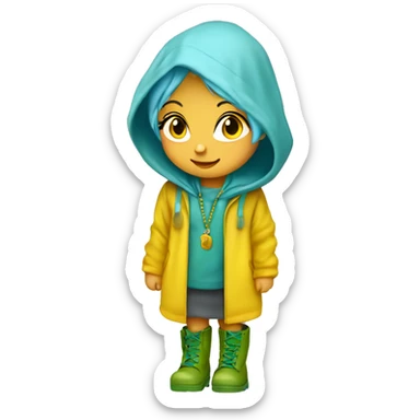 Cute little girl with light blue hair wearing a yellow raincoat hood up with rosary and green muddy boots sticker