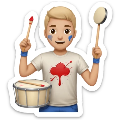 A loud fan, simple tee shirt with paint on his cheeks with a marching drum, beating it with enthusiasm sticker
