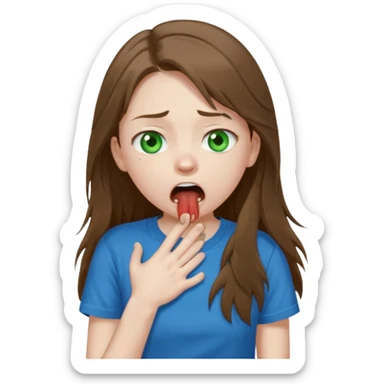 Cute girl with pale skin, long brown hair, green eyes and blue t shirt who is chocked sticker