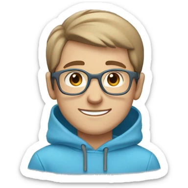 boy wearing a blue hoodie with light brown short hair wearing grey glasses and he has a cute smile, light blue-grey eyes and hearts around him. sticker