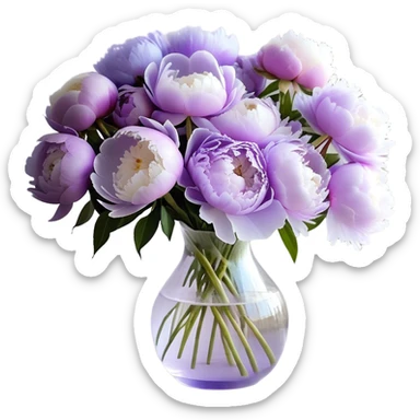 "A bouquet of peonies in soft shades of light purple, lilac, and icy lavender is arranged in a delicate, translucent glass vase with a pale violet tint. The petals, gently layered and slightly ruffled, spill over the edges, creating a sense of fullness. A silky, pastel purple ribbon is tied around the vase, with its ends cascading down in soft folds."
 sticker