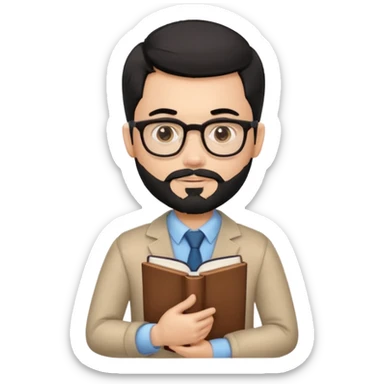 a pretty bratz teacher male with black hair, spectacles on, holding a book in hand and a chocolate in the other. bearded sticker