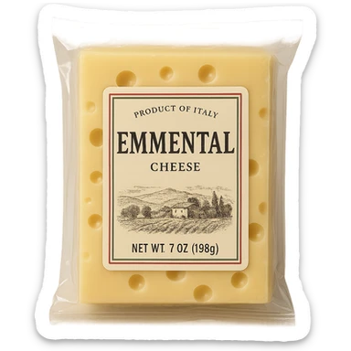realistic Italian Emmental cheese in transparent packaging with label sticker