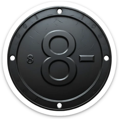 Minimal emoji, gothic metal coin made of black steel, engraved number 8 at the center, ancient industrial aesthetic, worn metal texture, no glow, no neon, flat emoji design, centered, transparent background sticker
