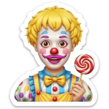 Funny clown — yellow wig, mustache, candy in hand sticker