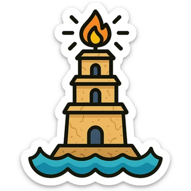 A three-tiered ancient tower with a squared base, octagonal middle, and cylindrical top. The tower has a stone texture with slight cracks and wear. Each level has small windows or arches. At the top, there is a glowing fire or torch with gold/yellow and orange rays. The base of the tower is surrounded by blue waves lapping at it. The color palette consists of sandstone (beige/tan) for the tower, turquoise/blue for the sea, and warm gold for the fire. The style should be a simple, clean icon with clear lines and minimal details, focusing on the structure and key elements. sticker