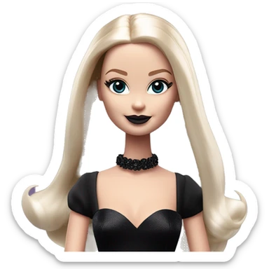  Bunny Wednesday Addams Barbie dancing.  Pretty face. Longer hair, short black flowing strapless evening gown with  plunging neckline that’s off-the-shoulders that also shows her legs and black shiny velvet high heel shoes. sticker