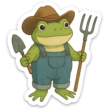 ghibli style frog in cowboy hat and overalls, holding gardening tools sticker