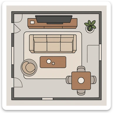 modern flat design style planned furniture layout, top-down view, clean lines sticker