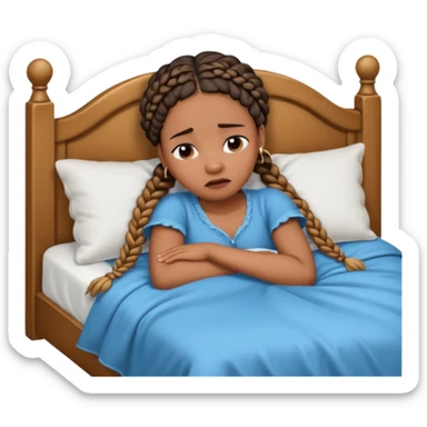 Black woman with braids in a big king size bed on one side by herself crying sticker