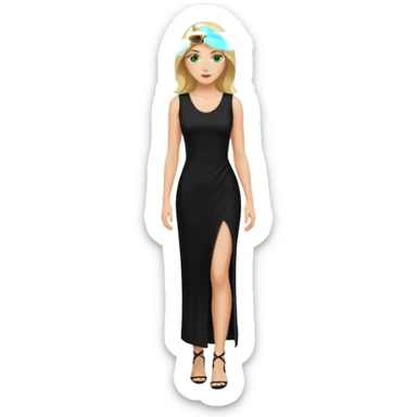 Blonde woman, Green eyes,Long black tight sleveless Dress, Slot left leg sticker