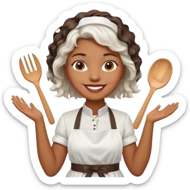 woman, brown skin, white short wavy hair, with apron sticker