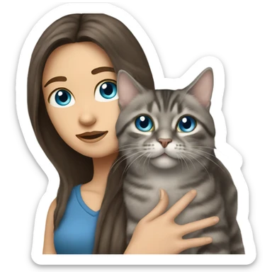 long haired brunette girl with blue eyes holding grey tabby cat sticker