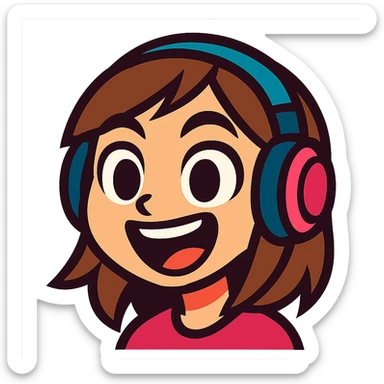 brown-haired gamer girl, excited expression, headphones, head only, emote sticker