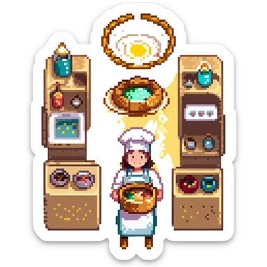 A divine baker surrounded by floating utensils, radiant ingredients, and a halo of light. The oven levitates, powered by pure energy. UI resembles clouds, golden rays, and ethereal scrolls—like a heavenly recipe interface. sticker