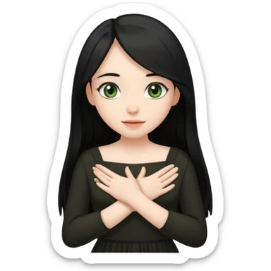 Pale girl with long black hair and olive green eyes soft smile wearing black dress and holding hands over her chest sticker