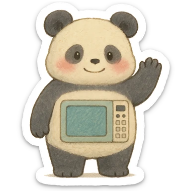 soft pastel-colored panda with microwave oven features, blushing and waving, full-body sticker