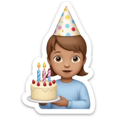 with brown hair cute baby wearing birthday hat with birthday cake sticker