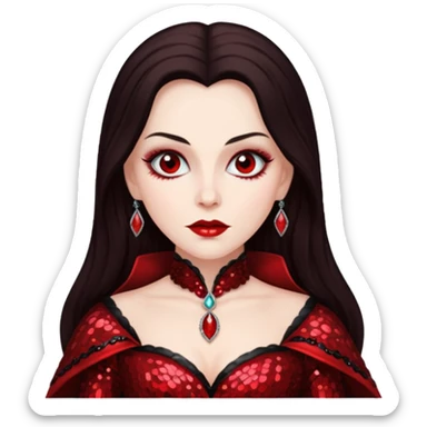 Countess Dracula with long dark brown hair, red sequin outfit  sticker