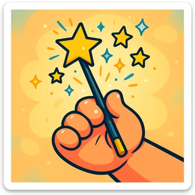 cartoon-style plump expressive hand holding a simple elegant magic wand, stars and sparkles coming out of the tip, bright magical stars, bold outlines, soft background, glossy highlights, magical cheerful look sticker