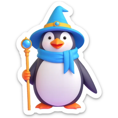 A penguin wizard wearing a wizard hat and holding a magic staff sticker
