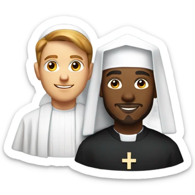 a young caucasian priest with a reddish beard and an african american nun side by side sticker