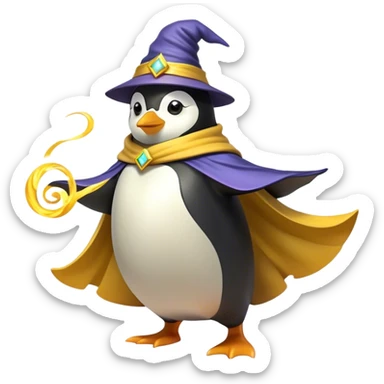 "A wizard penguin with a yellow hat and a long, flowing cape. The penguin is floating slightly above the ground, surrounded by swirling magical energy and glowing runes in the airyellow wizard hat sticker
