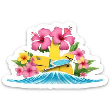 Assign saying aloha with pink and yellow hibiscus and ocean waves and a surfboard sticker