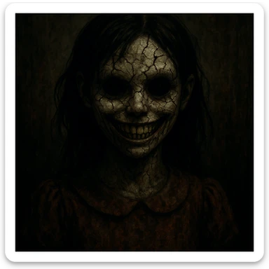 scary Amy.exe character, horror style, cracked face, eerie smile, disturbing presence sticker