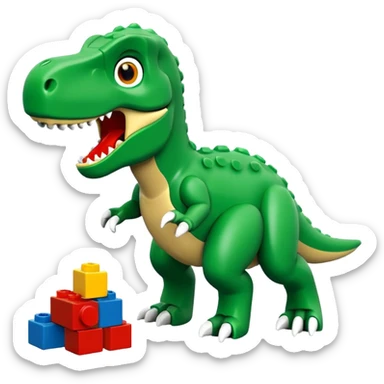 A cute green t-rex playing with LEGO bricks sticker