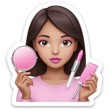 A dark brown hair beautiful eyes medium skin tone of girl carrying a pink mirror to her self and have lip stick on one of her hand look like pink pastel the packaging similar to Rhode lip  sticker