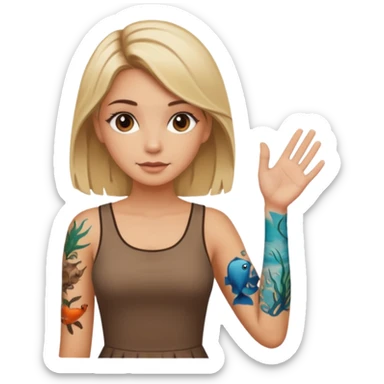 Blonde white girl with dark roots, sunkissed tan, and marine life tattoos on one arm wearing brown dress. Brown eyes sticker