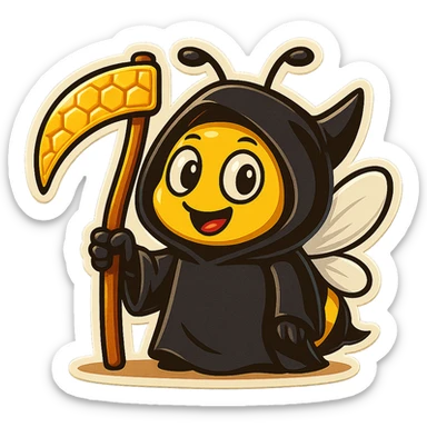Make the scythe look like it's made of honeycomb for this friendly cartoon bee grim reaper in retro stickers style. sticker