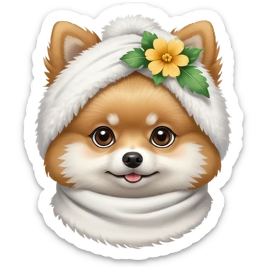 Pomeranian with a white scarf with flowers painted on it on his head sticker