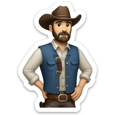 a rugged cowboy with a thick beard, wearing a blue vest over a classic western shirt and a brown belt with a silver buckle. He should have a confident stance, exuding a strong and adventurous frontier spirit. sticker