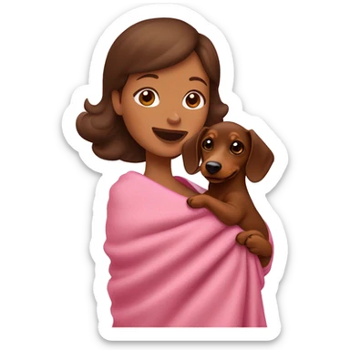 a woman with brown hair is cradling her puppy in a pink baby blanket. the puppy is a brown dachshund dog. the woman is smiling with mouth ajar. you can see the woman cradling the puppy like a baby from her waist up.  sticker